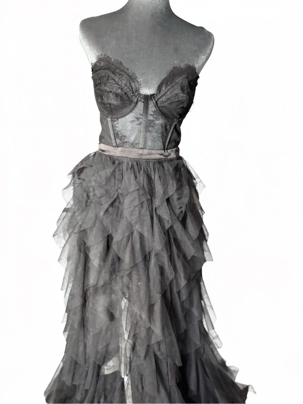 Klesis Black Lace Bustier Tiered Tulle Maxi Gown